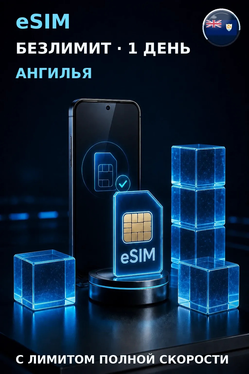 eSIM Ангилья — БЕЗЛИМИТ, 1 день — интернет
